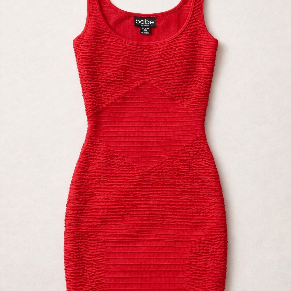 Red Textured Bodycon Tank Dress S Ruched Stretch Club Y2K Sexy Fitted Mini